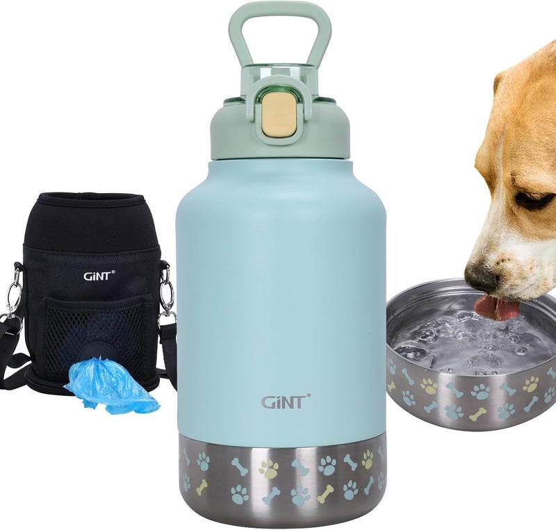 GiNT 37oz Insulated Stainless Steel Dog & Human Water Bottle | Leakproof Travel Dispenser with Detachable 10oz Bowl, 24H Cold/12H Hot, Carrying Case for Walking, Hiking,Camping & Outdoor Travel(Green) - Image 1